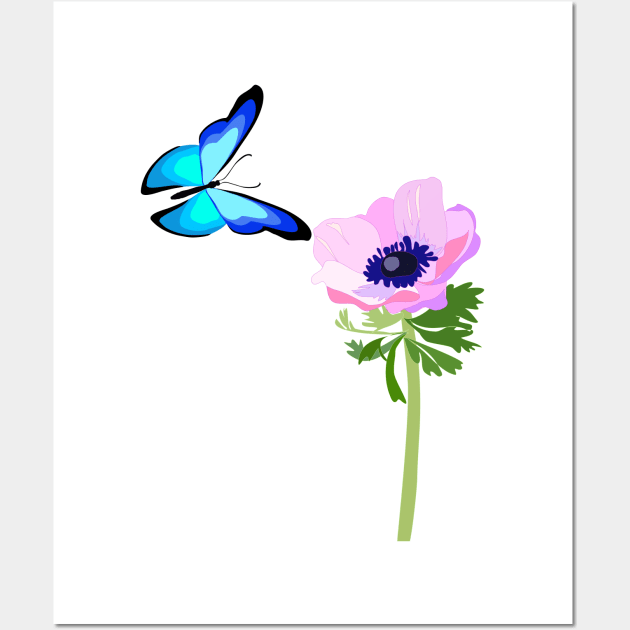 Blue butterfly and pink anemone flower Wall Art by Orangerinka